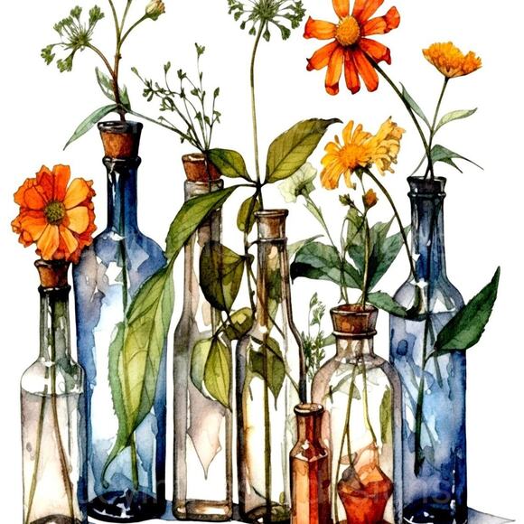 Spring Flower Blossoms in Bottles Elegant Botanical Art Print - Picture 2 of 4